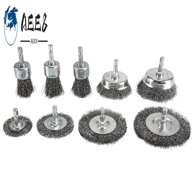 

AEE8-9PC Coarse Crimped Wire Wheel Cup Pen Brush Set For Drill,Carbon Steel Wire Brush With Hex Shank For Removing Paint