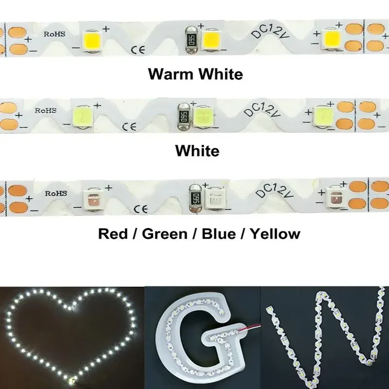 Tira de luces LED en forma de S de 12V 2835 60LED/m 120LED/m lámpara de tira de luz LED Flexible luz blanca cálida letra de canal doblado