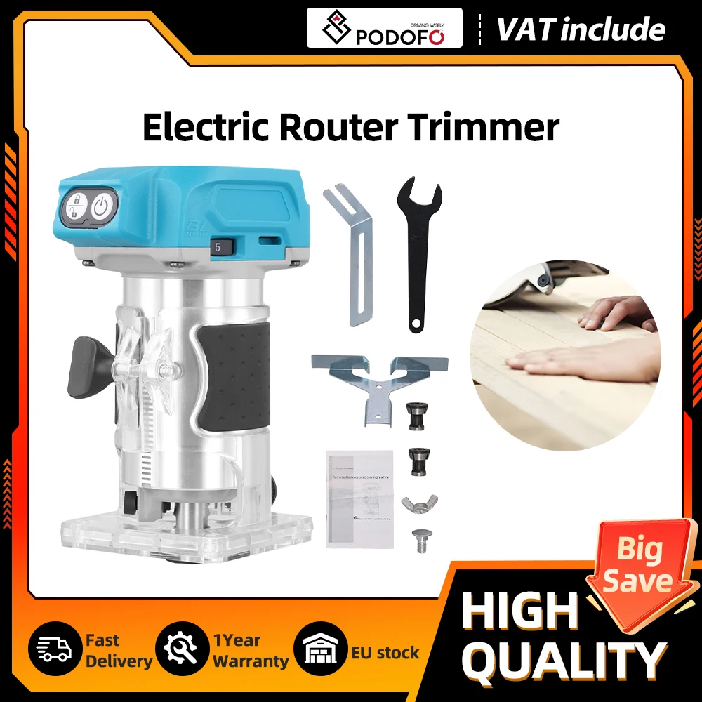 Podofo Défonceuse Électrique Sans Fil 33000 tr/min, Outil de Gravure et de Rainurage pour le Travail du Bois, Compatible avec Batterie Makita 18V