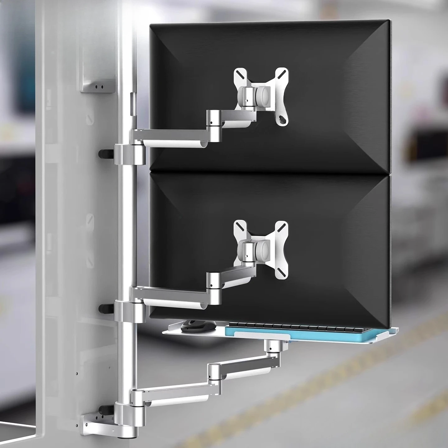 Aluminum alloy silver upper and lower double screen wall-mounted computer monitor bracket arm with keyboard bracket