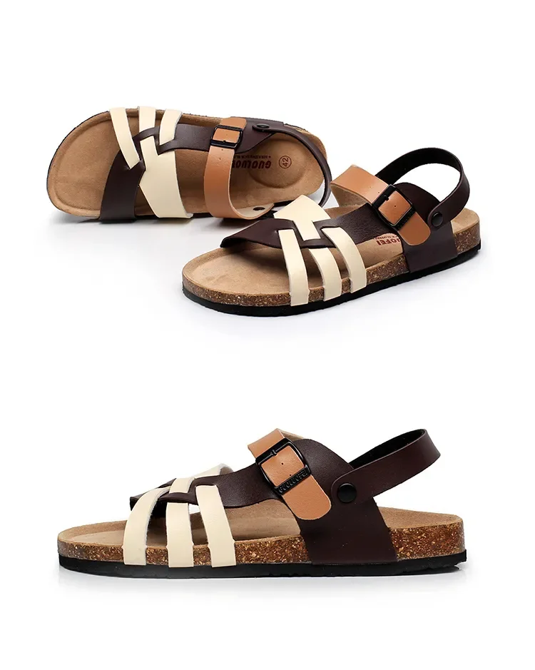 2024 New Cross-straps Leather Sandals for Men Summer Casual Rome Cork Flat Slippers with Metal Buckles