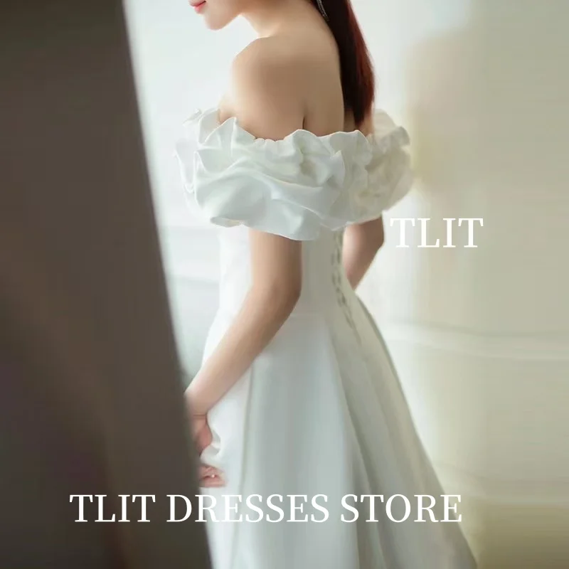 TLIT فستان زفاف بسيط من الساتان الأبيض ثنيات قبالة الكتف زي العرائس كوريا فستان الزفاف صور تبادل لاطلاق النار حسب الطلب ستنسدريس