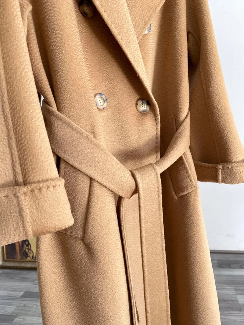 MAX Handmade Double Sided Cashmere Wool Water Ripple Women Coat Female Korean Double Breasted Long Woolen Coat for Women