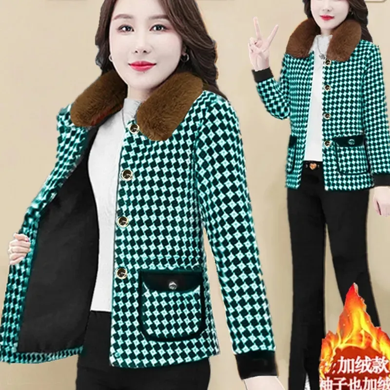 Cold Resistant Warm Outerwear For Women 2024 Autumn Winter New Style Add Velvet Cotton Jacket Fashion Plaid Fur Collar Coat Top