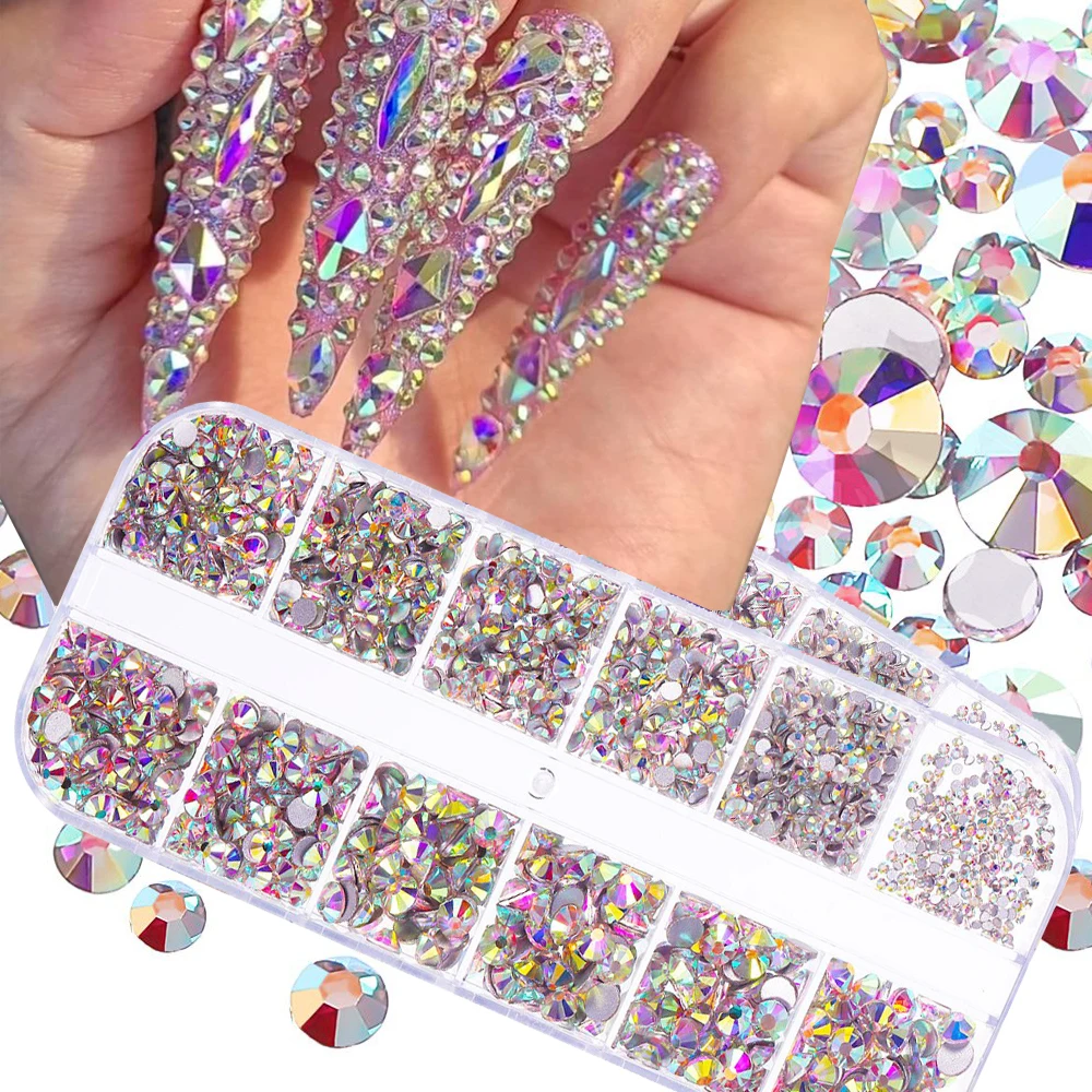 1Box 3600pcs Nail Art Rhinestone AB Nail Crystals Round Shaped Flatback for Nail Luxury Design Decorations AB Colors HDY52