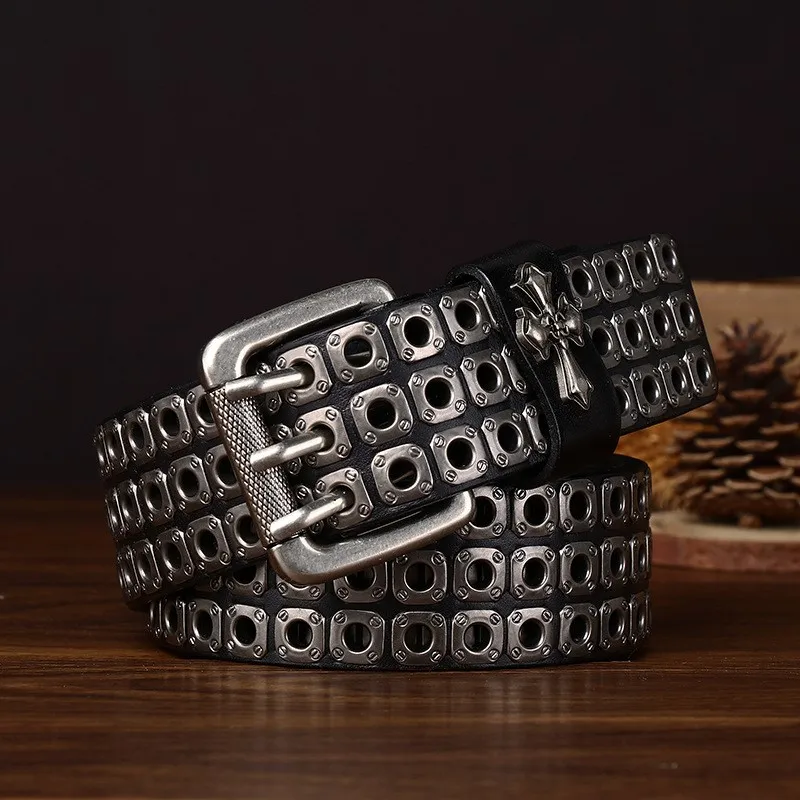 Three-needle riveted belt men's leather top layer motorcycle style work