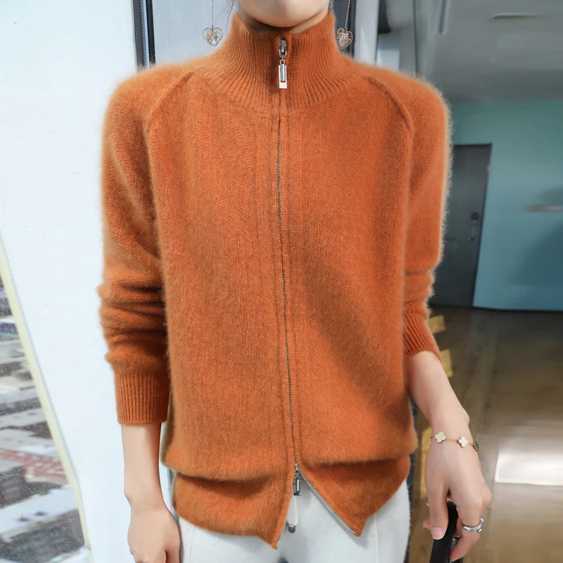 Otoño Invierno suéter grueso con cuello levantado y cremallera cárdigan suelto para mujer estilo occidental Top de lana de Color sólido Base de punto