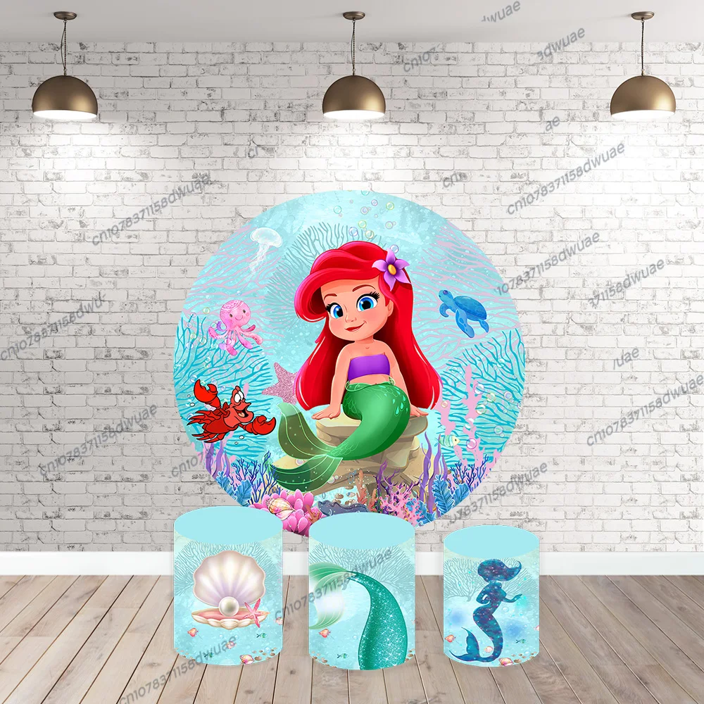 Mermaid Birthday Photo Backdrop Baby Shower Photo Background Baby Round Photography Backdrop  Vinyl Polyester