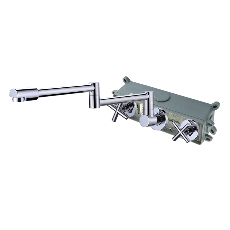 Chrome Wall Mounted Kitchen Folding Sink Faucet Double Handle Hot And Cold Mixer Tap 360° Rotation Swing Arm Folding Kitchen Tap