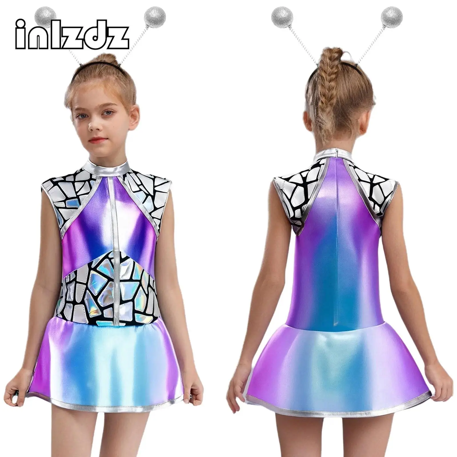 

Girls Halloween Alien Cosplay Costumes Alien Costume Sleeveless Shiny Sequins Metallic Dress+Accessories Sets for Theme Party