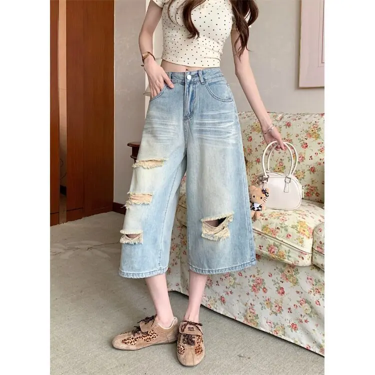 Retro Ripped High Waist Wide Leg Jeans for Women Summer Washed Loose Straight Cropped Denim Pants
