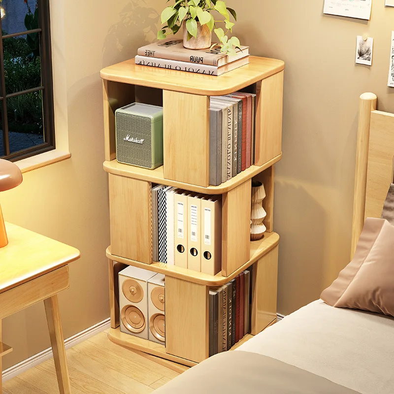 Solid wood rotating bookshelf 360-degree bookcase small apartment household living room movable children's floor storage rack
