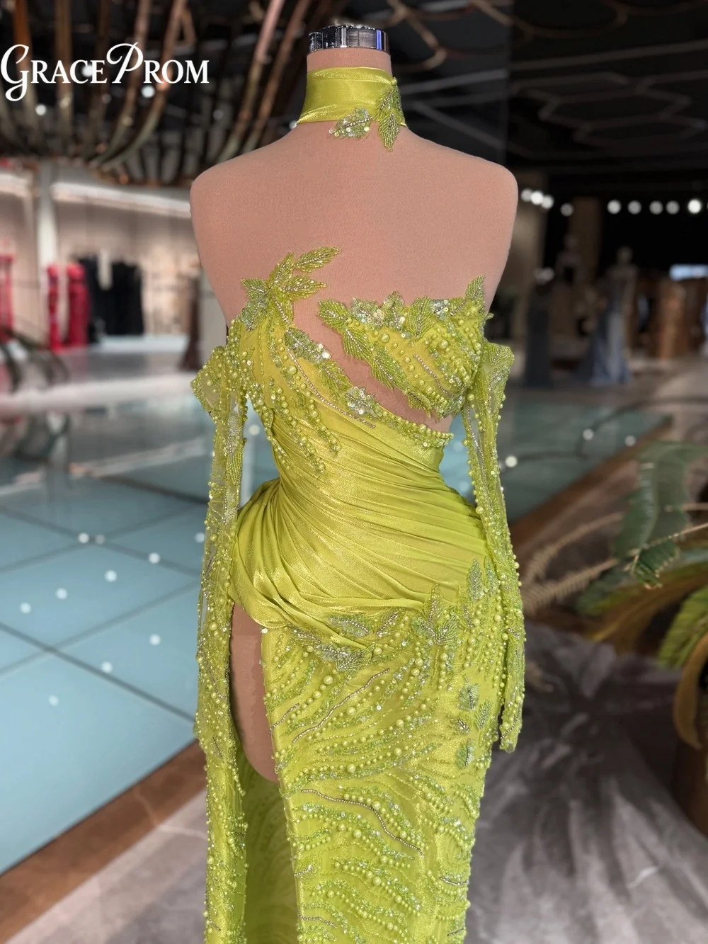 Neon Green Sparkly Sequin Evening Gown Dazzling High Neck Long Sleeve Mermaid Formal Party Dress For Wedding Guests فساتين سهرة
