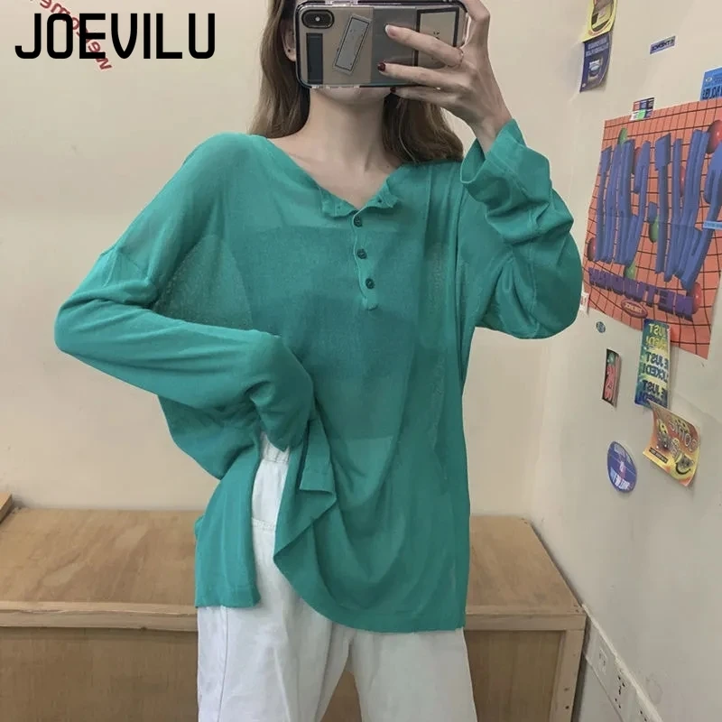 Mesh Long Sleeve Ice Silk Sunscreen Shirt Summer Loose Fitting Thin T-shirt Korean Fashion Medium Length Top Women Casual Blouse