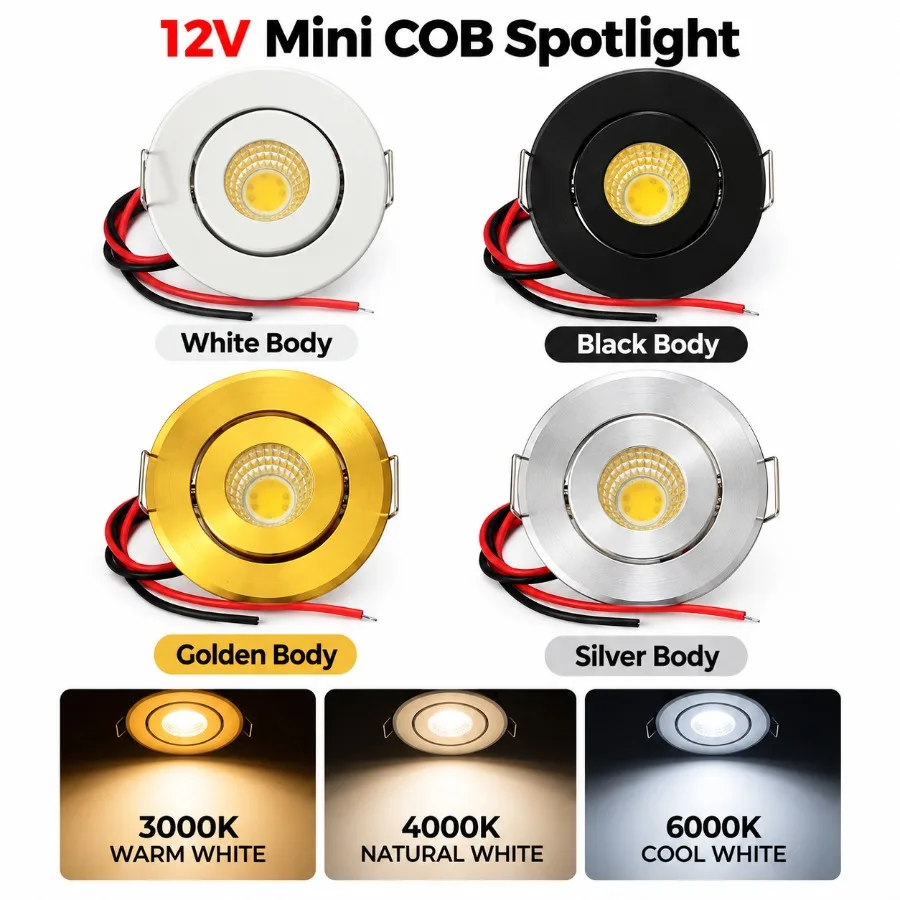 1~4Pcs 12V Mini COB LED Spotlight Recessed Downlight White/Black/Gold/Silver Aluminum Ceiling Lamp for Cabinet Display Lighting