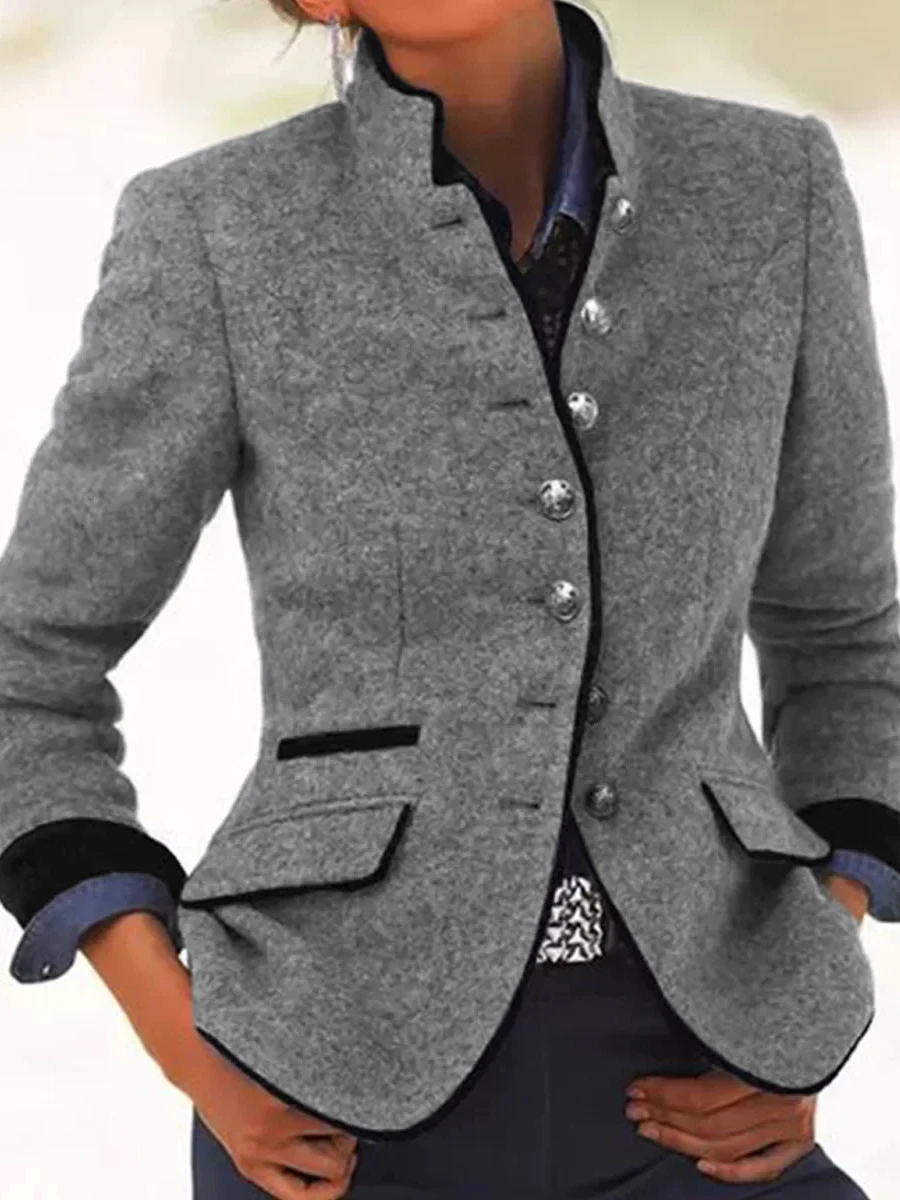 Vintage Woolen Blazer Jacket Women Autumn Winter Stand Collar Single Breasted Slim Fit Elegant Office Lady Suit Outerwear Coats