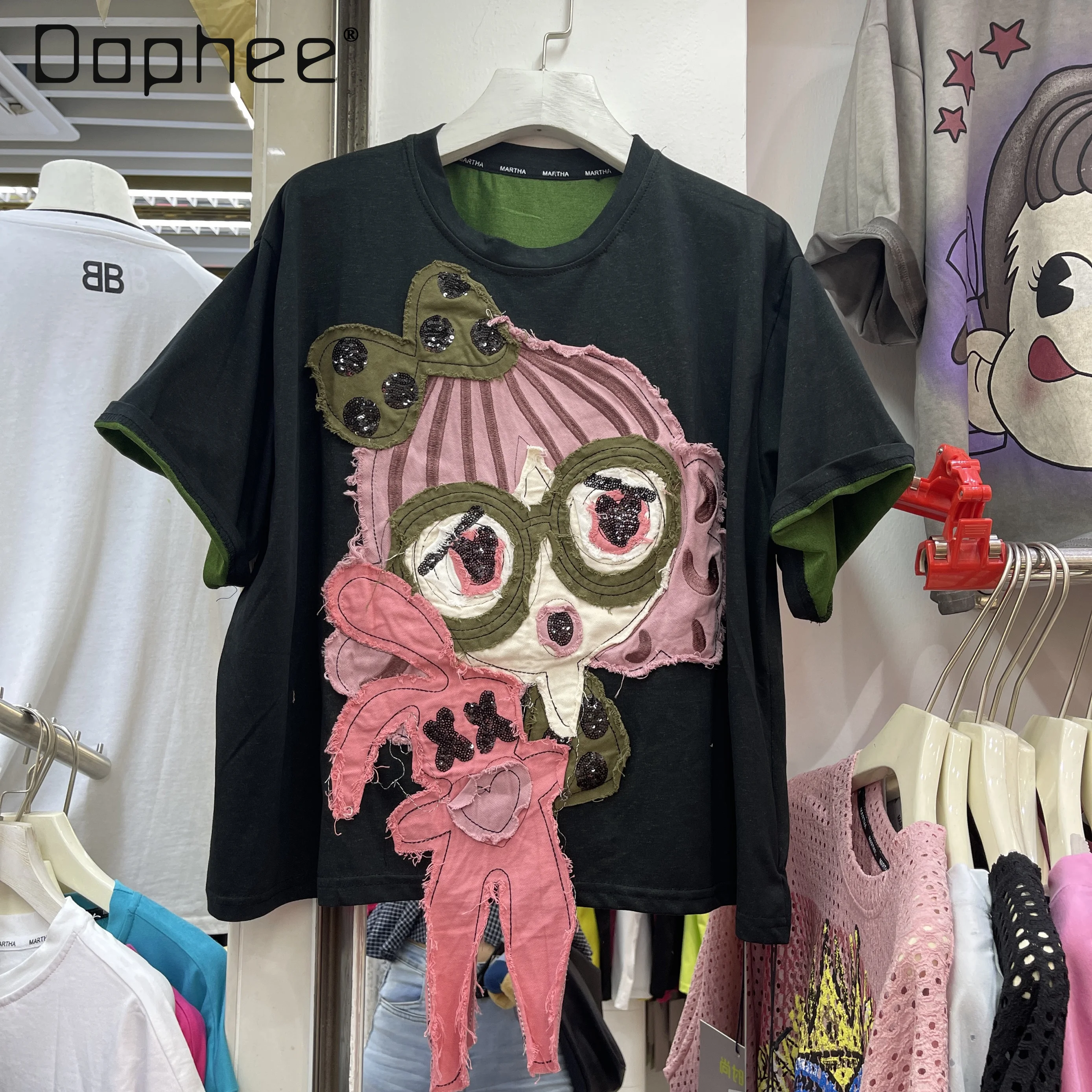 

Fashion Retro Heavy Industry Patch Cartoon Girl Short Sleeve T-Shirt Loose High Street Trend Crew Neck Short Sleeve Top Women