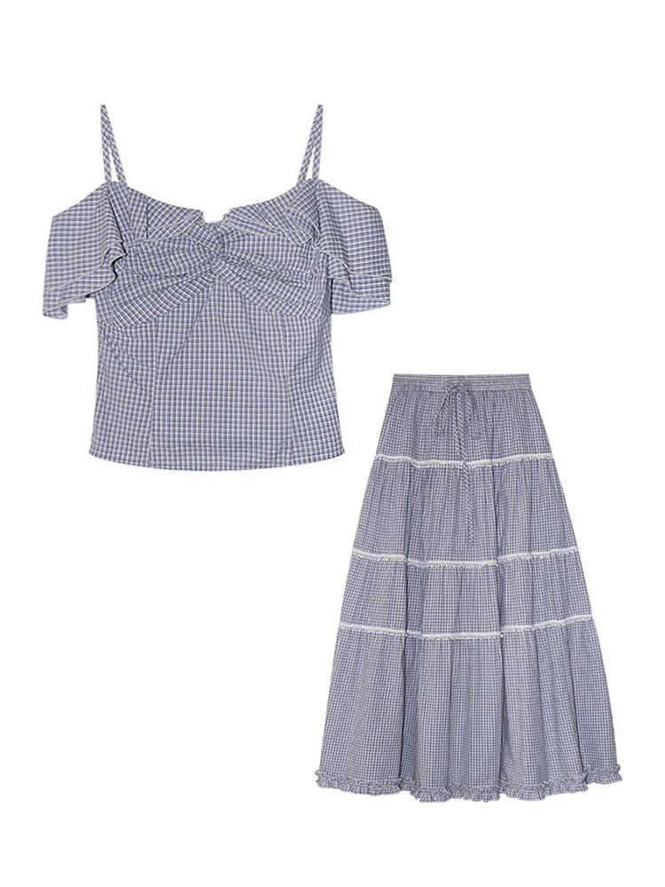 Kiesza lyte Fashion Summer 2025 French knotted plaid halter strapless top for women retro ruffled long skirt two-piece set