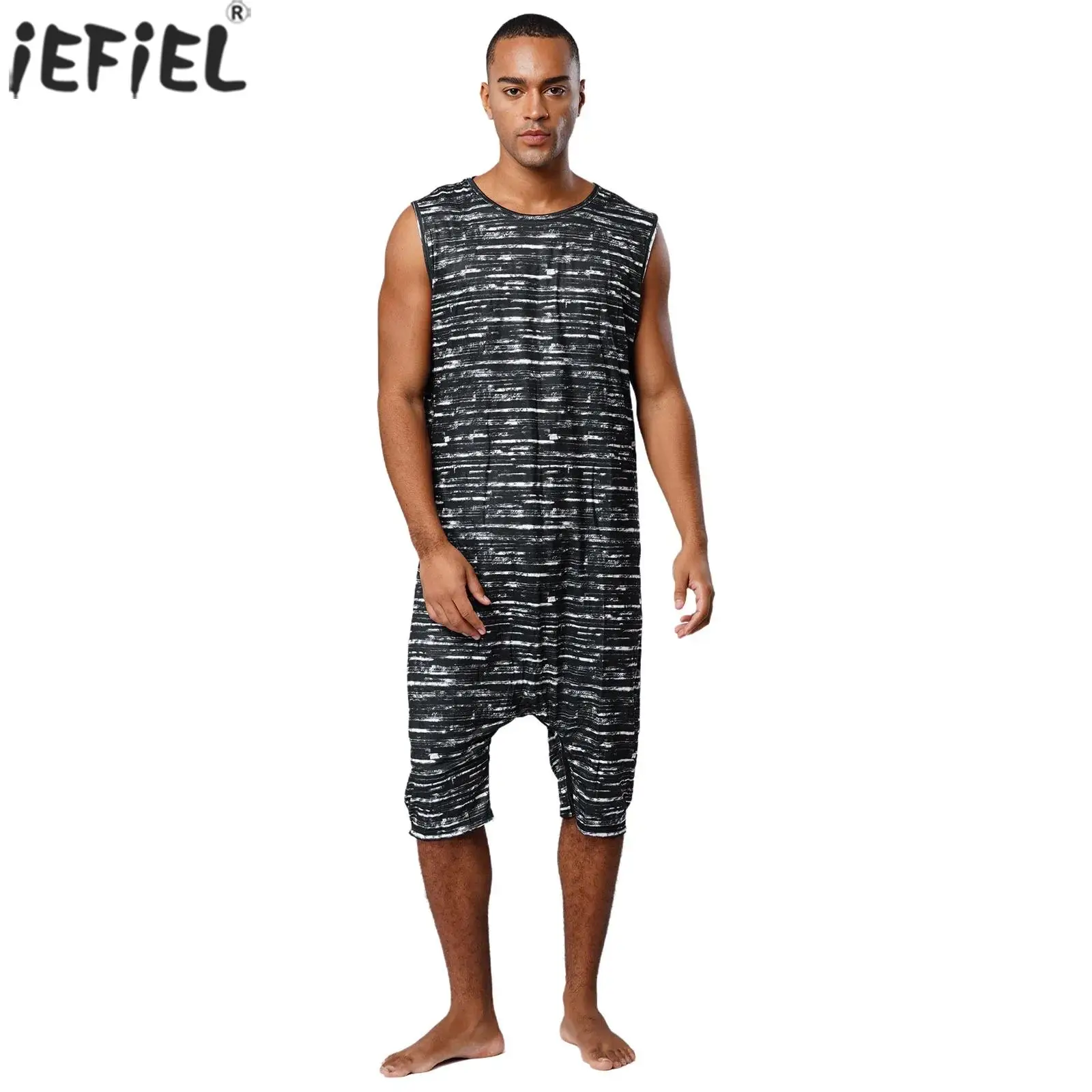 Men's Casual Loose Rompers Sleeveless Pockets Stylish Print Jumpsuit Loungewear Home Wear Sleepwear for Leisure Time Pajamas