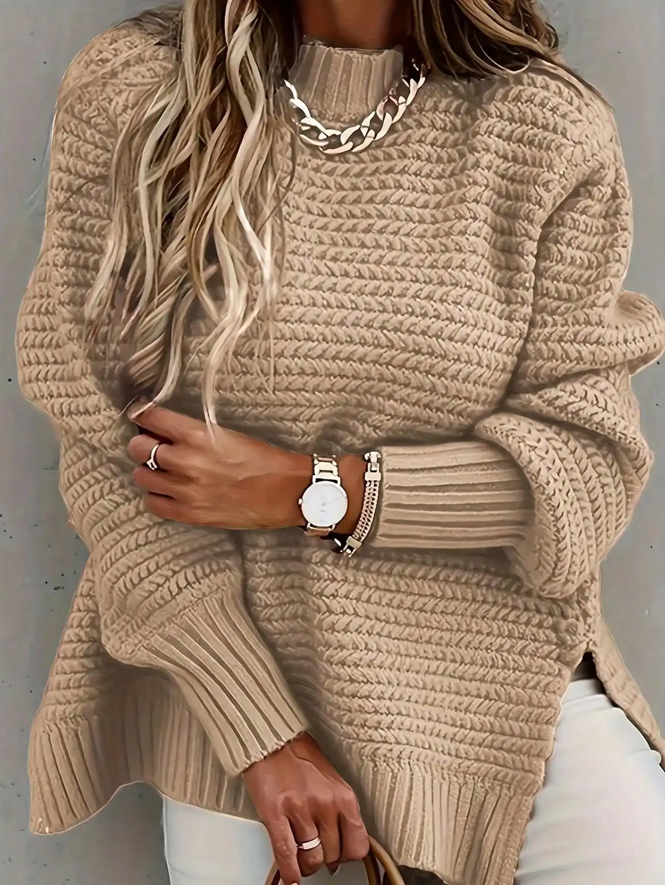 

High-Low Hem Stand Collar Knit Sweater, Long Sleeve Oversized Pullover for Women, Autumn Winter Fashion