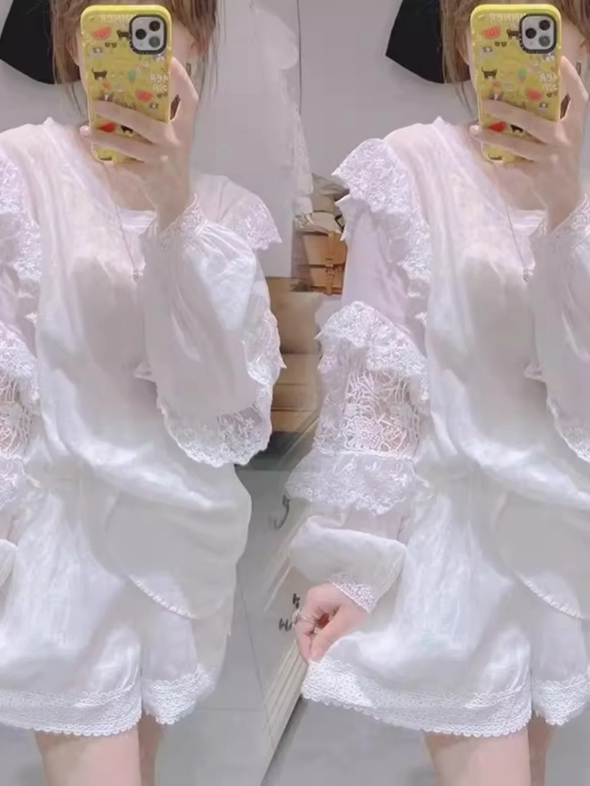 

plus Size Lace Splice Hook Flower Shirt Women's Autumn European Style Loose Fashionable Anti-Aging Top for Plump Sister