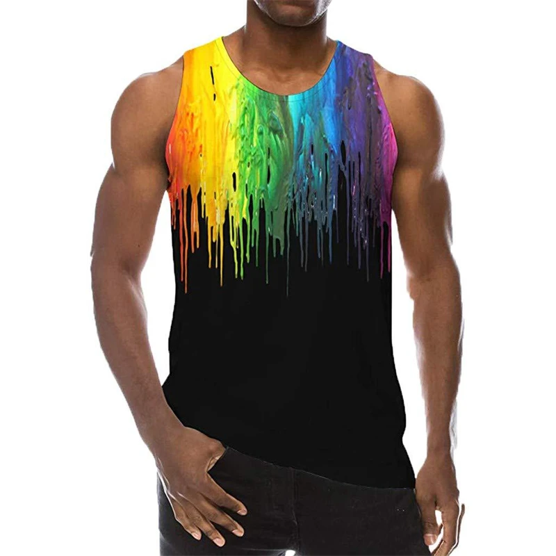 New Rainbow Paint Splatter 3D Printed Graffiti Men\'s Tank Tops Men Hip Hop Casual O-Neck Vest Streetwear Oversized Tops Tees