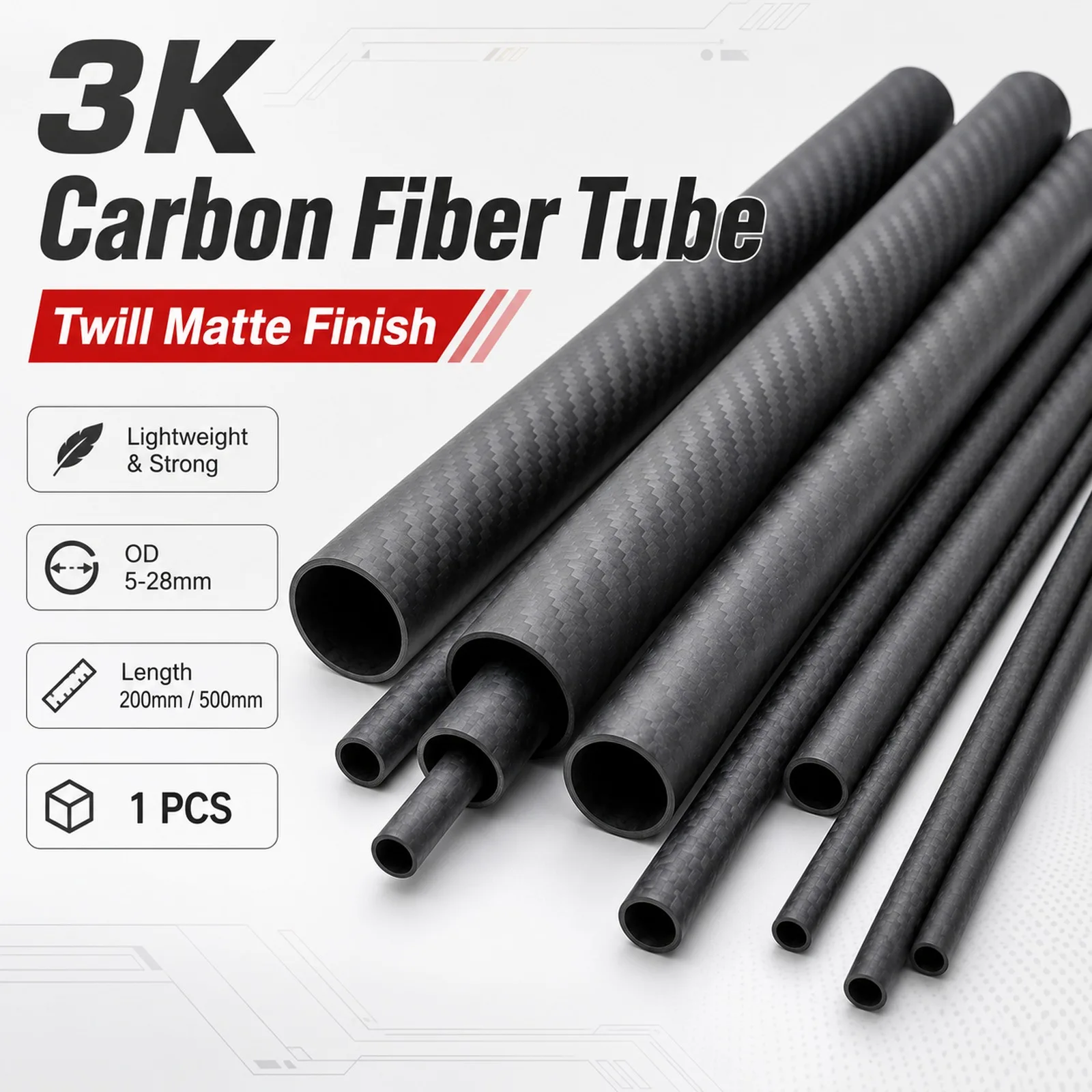 1 Piece 200/500mm Carbon Fiber Tube High Composite Hardness Material 3K Matte Finish Outer Diameter 5-28mm for Airplane Models