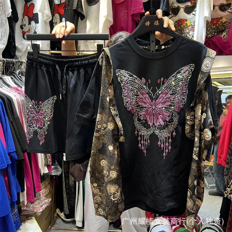

Fashion Summer Women Two-piece Set Hot Diamonds Butterfly Loose Short Sleeve T-shirt Top + Elastic Waist Casual Wide Leg Shorts