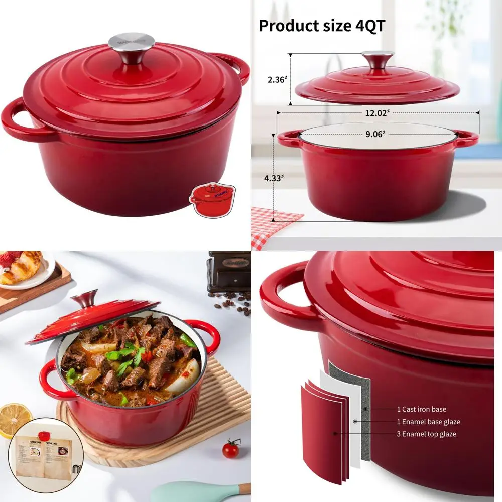 

Сверхмощный чугунный голландский горшок с красной эмалью 4QT с крышкой для выпечки хлеба, тушения, раковины, обжарки и многого другого