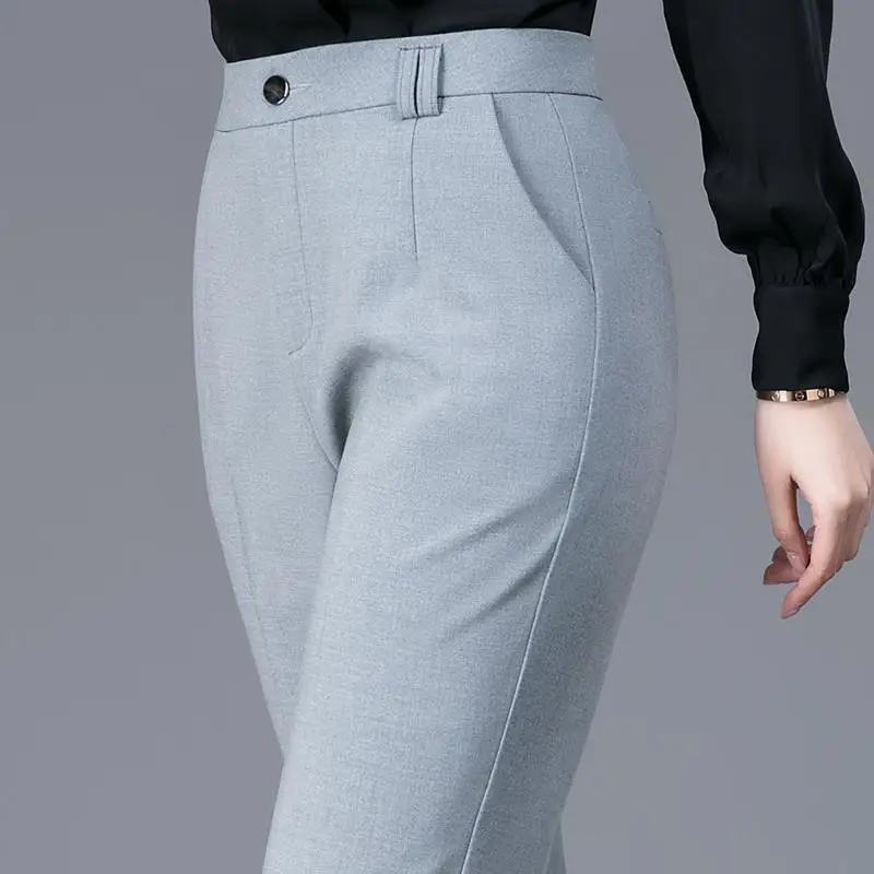 Summer Thin for Women Button Patchwork Pockets Straight Long Trousers Office Lady Solid Color Higt Waist Nine Points Suit Pants