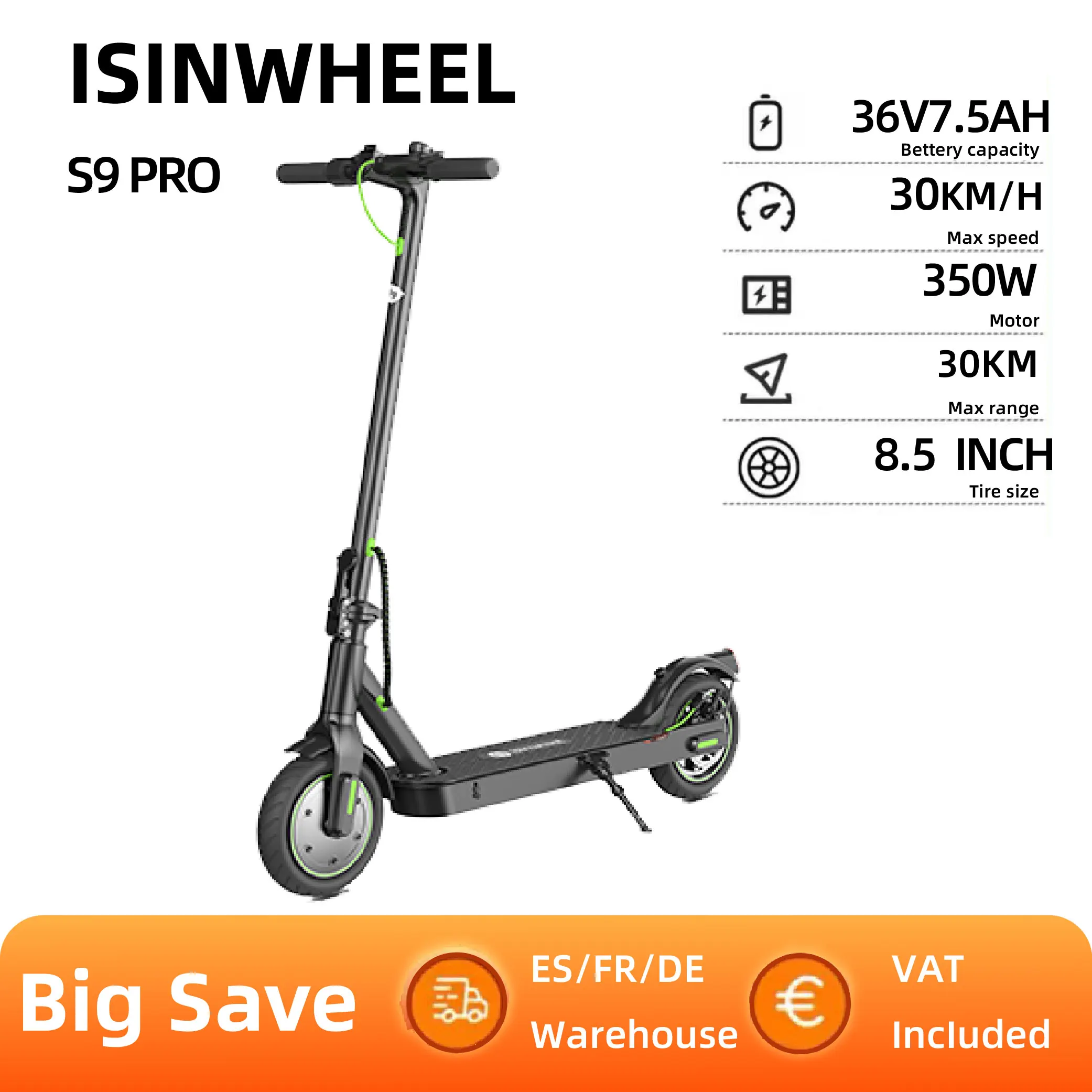 Isinwheel S9 PRO (ABE) Adult Electric Scooter 330W Motor 36V 7.5Ah Battery 8.5" Tires City Commuter Electric Scooter