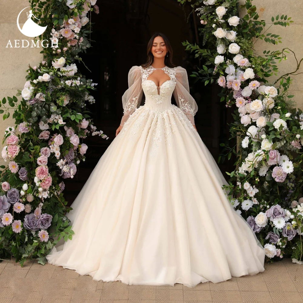 

Aedmgh A-Line Vintage Wedding Dresses 2024 Sweetheart Long Puff Sleeve Vestido De Novia Appliques Illusion Robe De Mariee