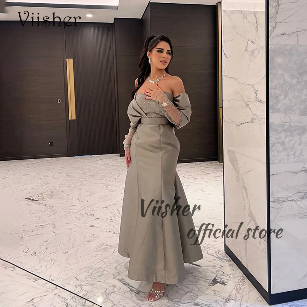 

Gray Satin Mermaid Evening Dresses Beads Sweetheart 3/4 Sleeve Dubai Arabia Formal Dress Tight Long Prom Party Gowns