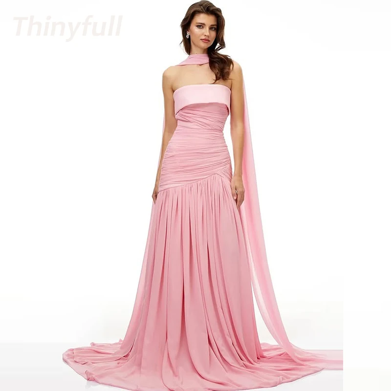 

Thinyfull Chiffon Mermaid Prom Dresses Sleeveless Strapless Ruched Holiday Style Gown Evening Dress Robe De Soirée Customized