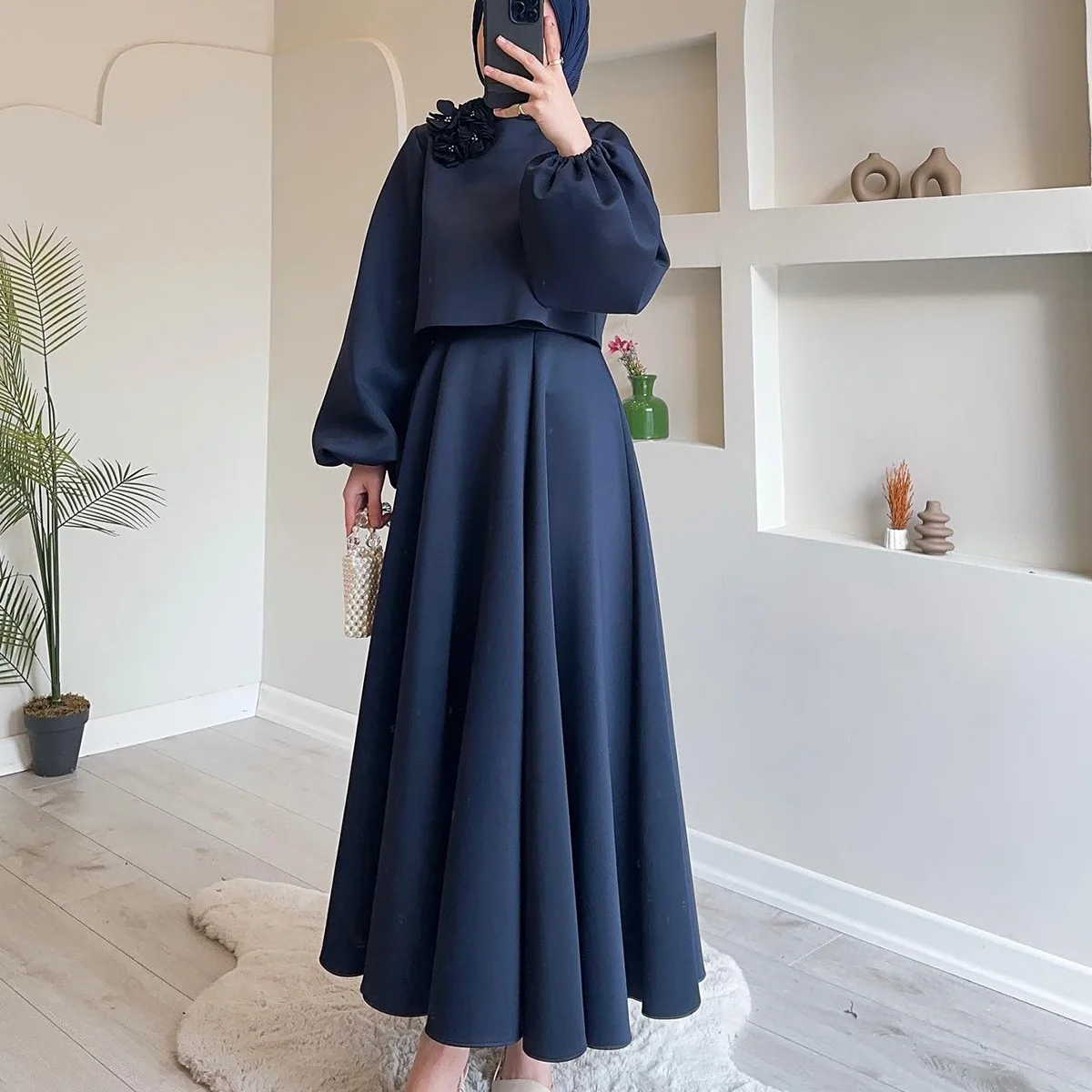 Conjuntos musulmanes de 2 piezas para mujer, Tops de manga de linterna de flores de Dubái, conjunto de faldas, vestido, Kimono, caftán, ropa de Ramadán Islam, Oriente Medio