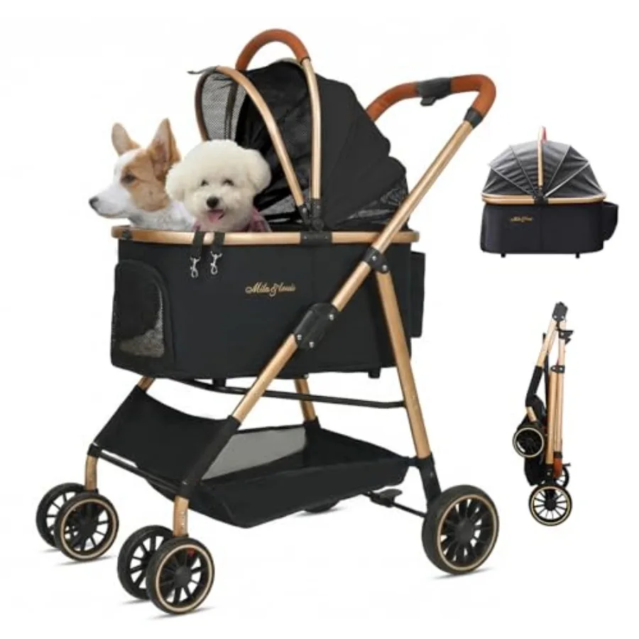 

Cat stroller for outdoor use, aluminum cradle, black, lightweight and stylish with 25 lbs capacity, cup holder and hook