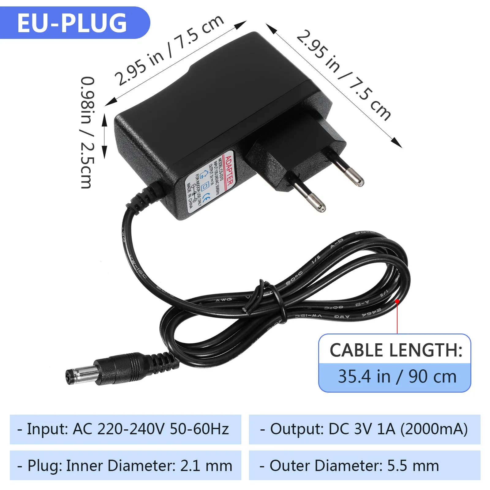 Eu Plug 3V 1A Power Adapter Charger 5.5mm X 2.1mm Portable High Performance Black Home Travel Charger 100-240V
