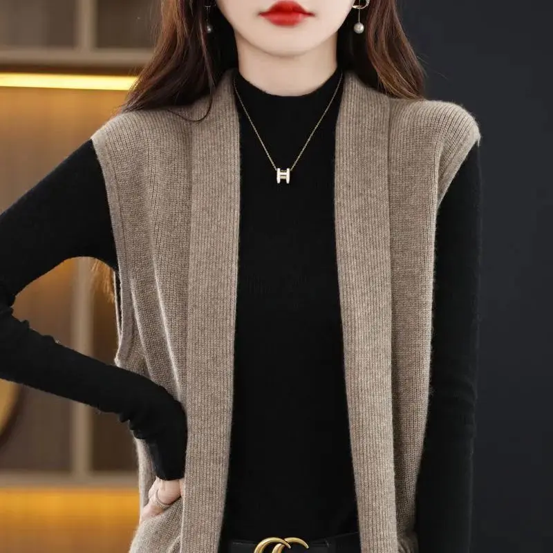 Autumn Winter Women Lace-up Long Sweater Coat Korean Fashion Casual V-Neck Solid Vintage Knitted Loose Cardigan Sleeveless Tops
