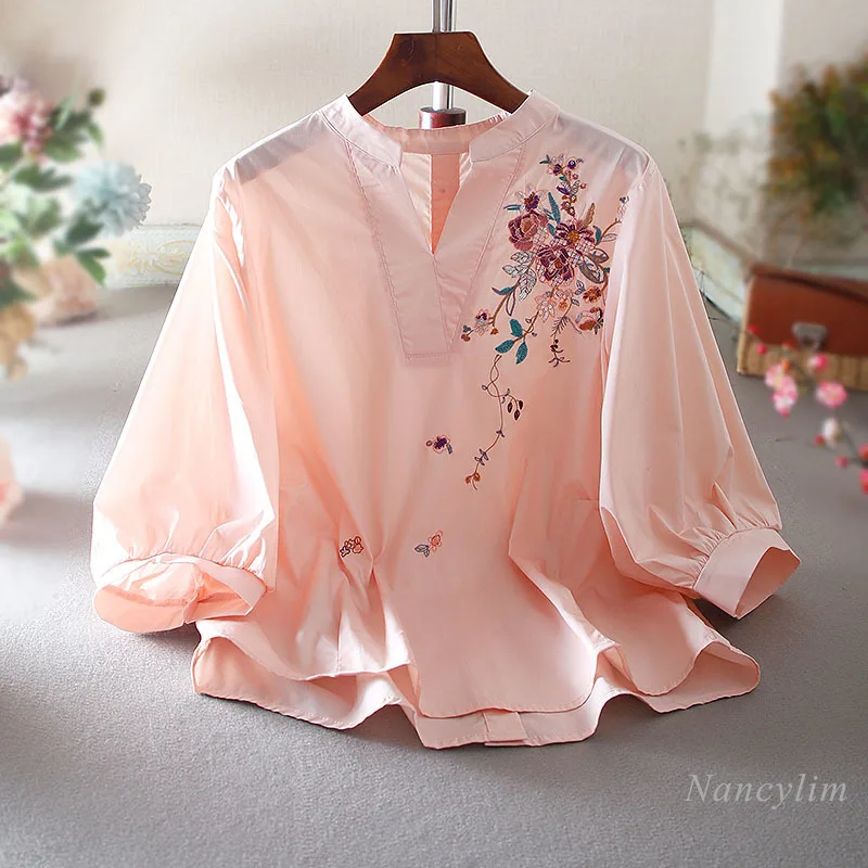 

Elegant Ol High-Grade Embroidered V-neck Cotton Shirt for Women Casual Loose Slimming High Waist Mid-Sleeve Top Summer Blouse