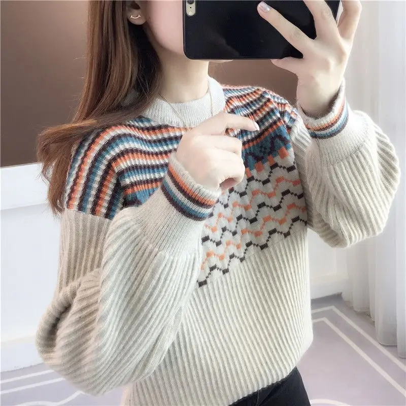 

O-neck Fashion Warm New Knit Sweaters Women Long Sleeve Autumn Winter Striped Knitted Female Pullover Ladies Sweater V33