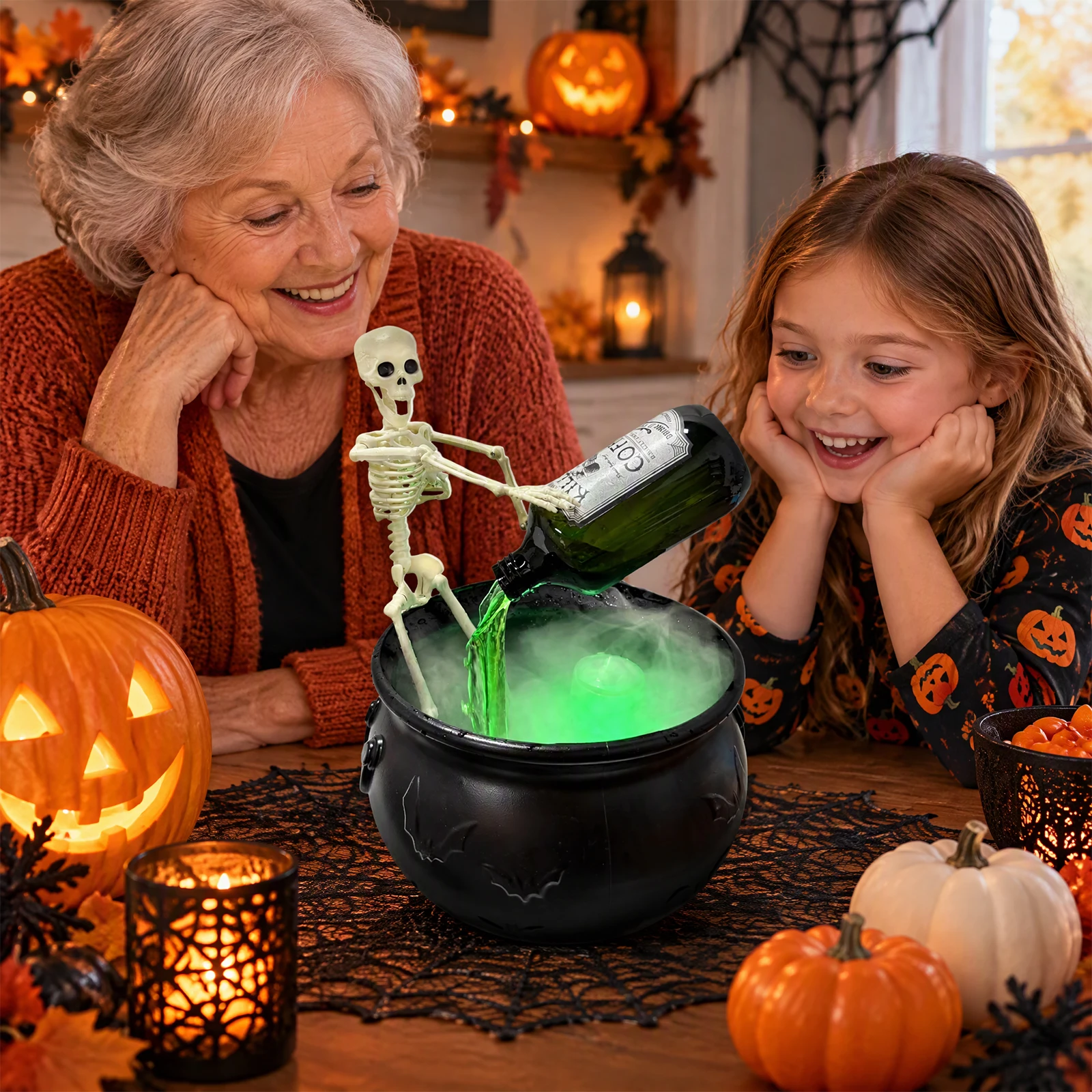 Halloween Tabletop Cauldron Mist Fogger LED Glow Skeleton Floating Bottle Pump Dye Splash Guard Indoor Decor Set