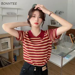 Vintage Red Striped T-shirts Women Knitted Loose Sweet Short-sleeve French Style Casual All-match Fashion Aesthetic Ulzzang Chic