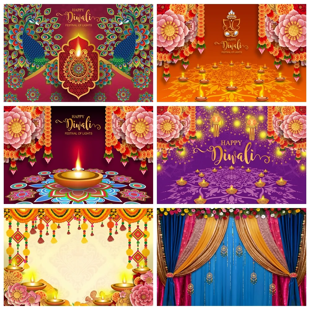 

Happy Diwali Backdrop for Photography Candle Fireworks India Diwali Lights Deepavali Tradition Festival Photo Background Decor