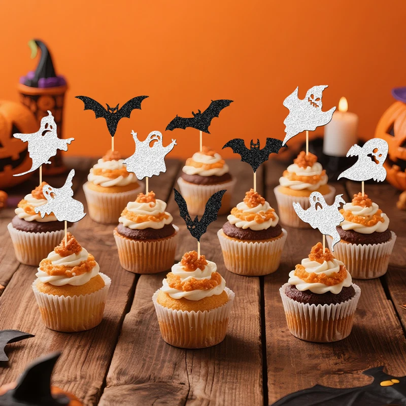 NUBECOM 24 Stück Halloween-Kuchenaufsätze, glitzernde Geister- und Fledermaus-Cupcake-Topper, Geburtstagskuchen-Dekoration, Halloween-Party-Kuchendekoration – Detail 1