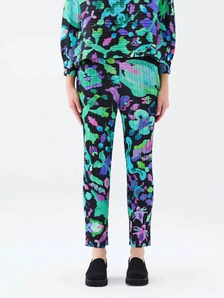 Fold Miyake Pleated Dance with New Friends Printed Casual Women Pants