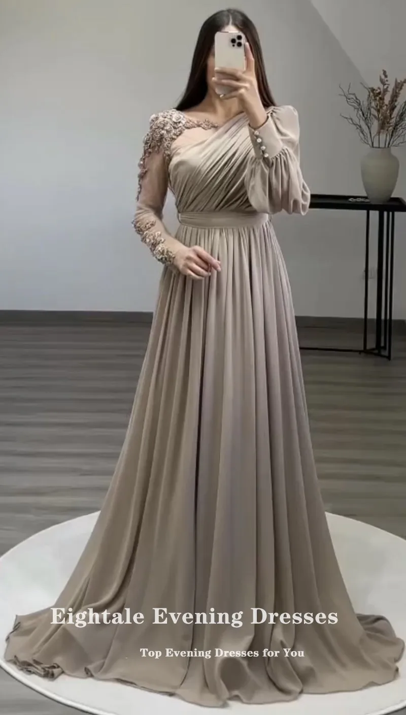 Eightale Vintage Evening Dress for Wedding Party Chiffon Beaded Long Sleeves Customized Appliques Prom Gowns Celebrity Dress