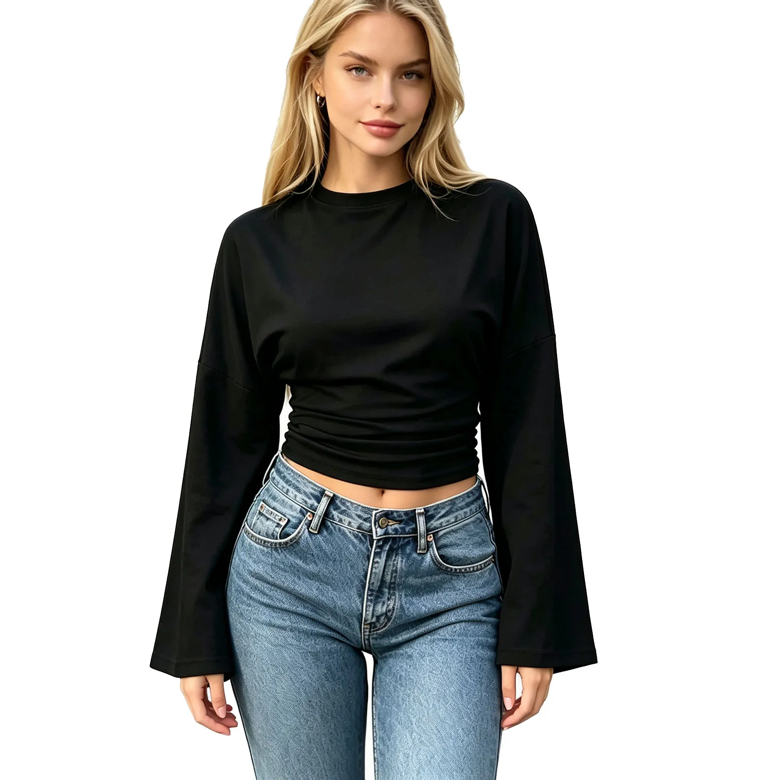 2027 Early Autumn Women's Crew Neck T-Shirts Fashion Ladies Long Sleeve Solid Color Cinched Waist Tops