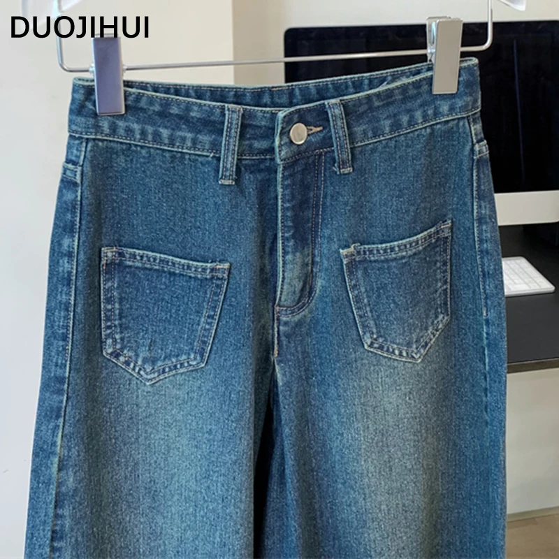 Duojihui blau Vintage Basic hohe Taille schlanke Frauen weites Bein Hose Herbst neue lose einfarbige Mode Knopf einfache weibliche Jeans