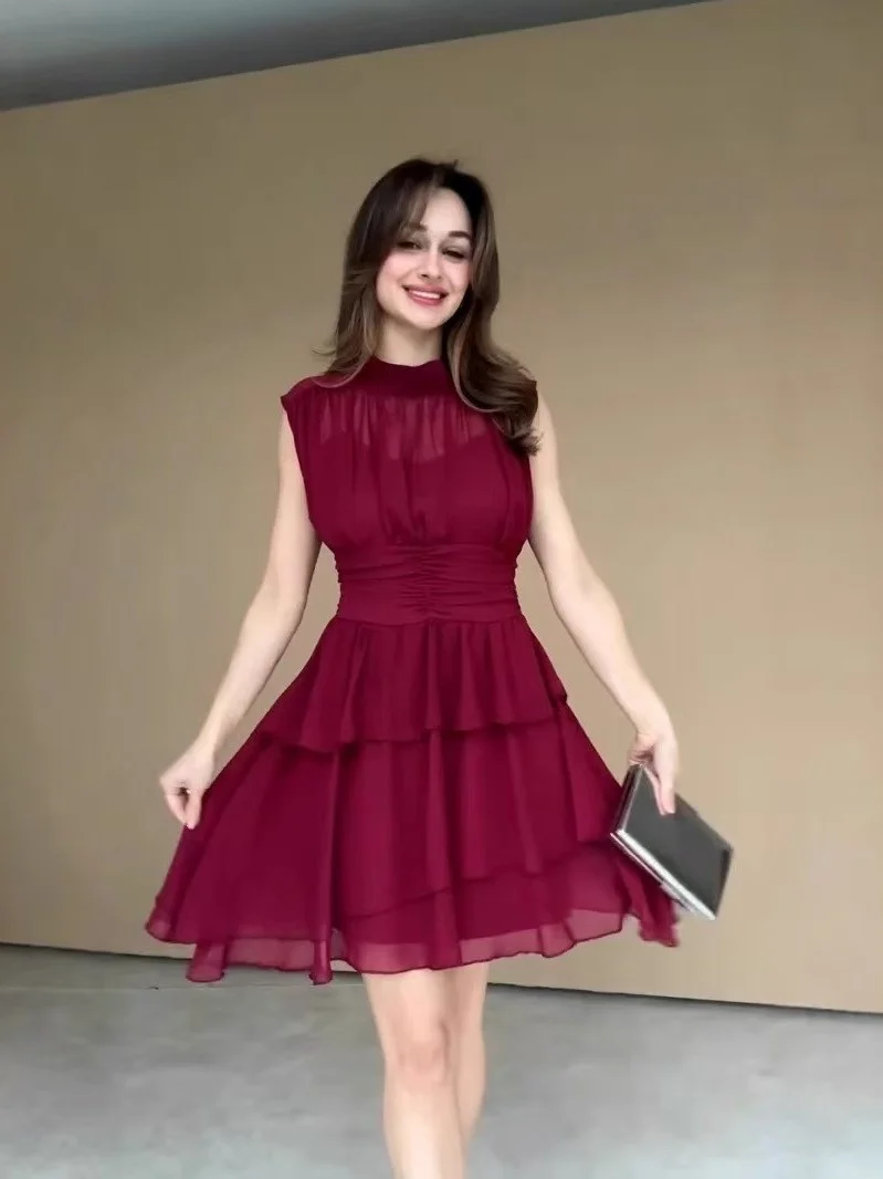 

Elegant round Neck Sleeveless Cake Skirt Dress Waist Cinched Short A-Line Dress for Date And Daily Wear High Waist Short Dress