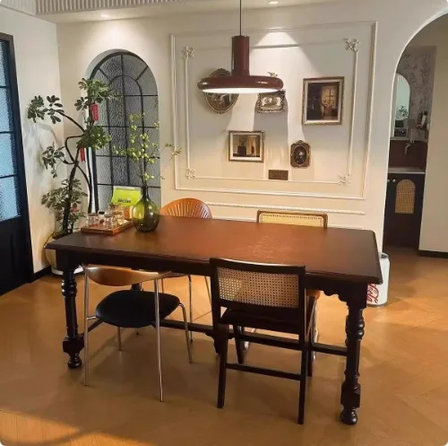 Französischer Esstisch aus Massivholz, für kleine Wohnungen, mittelalterlicher Esstisch, schwarzer Tisch, amerikanisches Landhaus im Wabi-Sabi-Stil